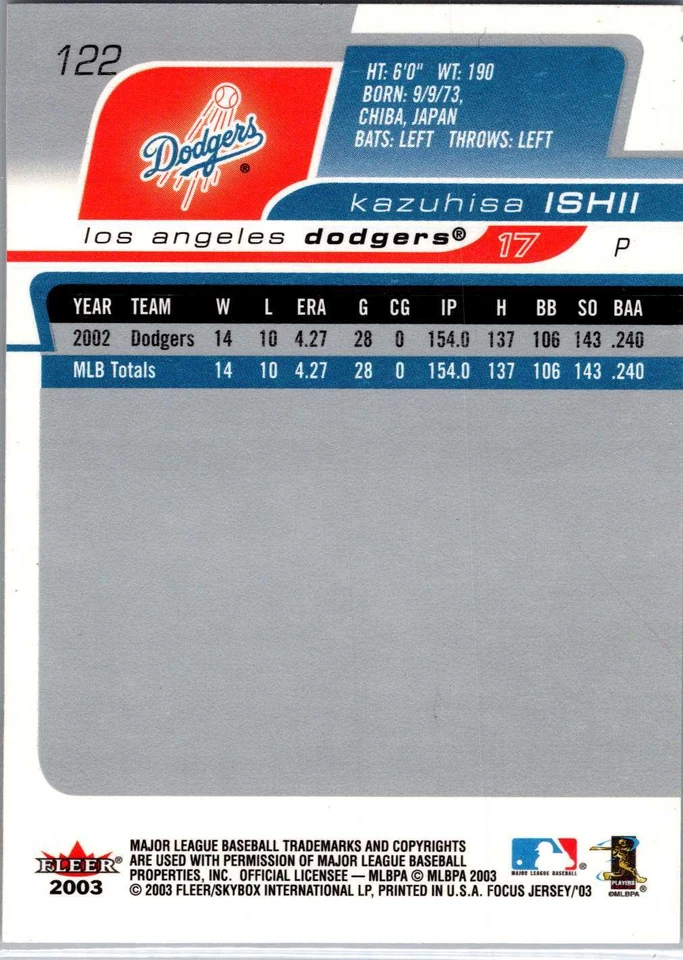 Kazuhisa Ishii #122 2003 Fleer Focus Jersey Edition Century Parallel LA Dodgers - Image 2 of 2