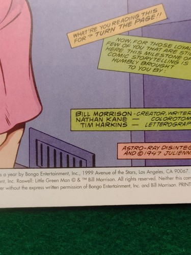 1999 Roswell: Little Green Man #2 Signed By Bill Morrison Bongo Comics - Picture 4 of 5