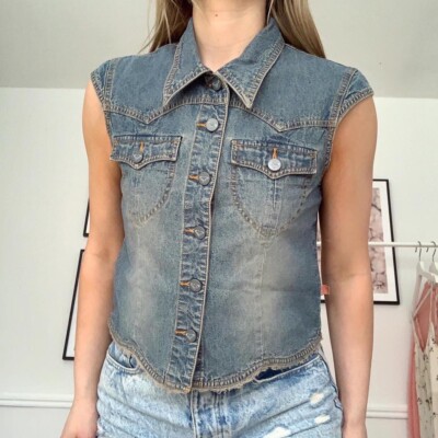Roxy Studded Sleeveless Denim Blue Gilet Waistcoat Jacket Vest True Y2K Vintage