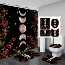 4PCS Moon Phase Shower Curtain Sets with Rugs, Waterproof Fabric Black Shower...
