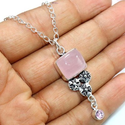 925 Silver Plated Long Rose Quartz Pink Kunzite Necklace 20'' On Trend Jewelry GW
