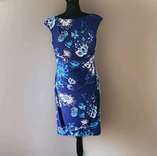 Lauren Ralph Lauren Blue Floral Sheath Dress Ruched Waist Cap Sleeves Size 10 