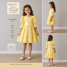 Vintage Girls Yellow Floral Embroidered Dress Puff Sleeve Wedding Party Size 5 6