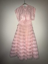 1950  s Vintage Pink Lace Ruffle Strapless Prom Fancy Dress with Bolero Jacket