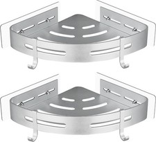 GRICOL Corner Shower Shelf No-Drill Rust Proof Metal Rack with Hooks Silver