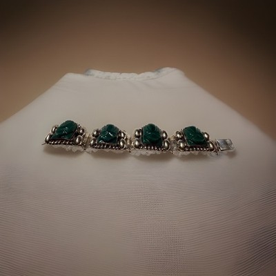 Vintage 1940 s AEM Mexico Green Onyx Aztec Warrior Mask Sterling Panel Bracelet