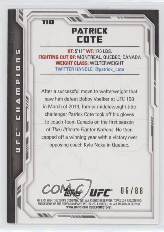 2014 Topps UFC Champions Purple /88 Patrick Cote #118 - Image 2 of 2