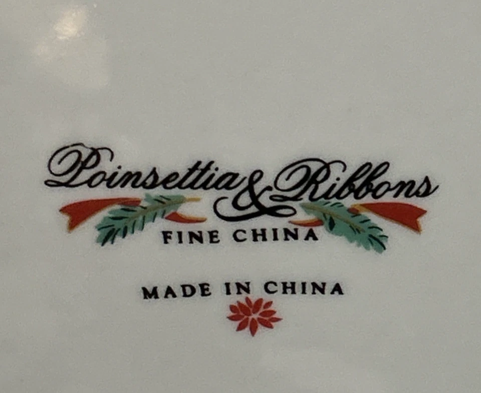 Vintage Poinsettia & Ribbons Christmas Red Ribbon 10.5" Dinner Plates Set of 4 - Image 4 of 4