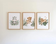 Safari Nursery Wall Art Set of 3 | Lion Cub & Hippo | Tropical Jungle Decor