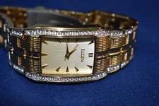 Elgin Quartz Men’s Crystal Bling Watch Square Dial Gold Tone New Battery Running