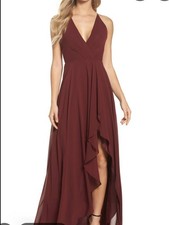 Jenny Yoo Farrah Burgundy Chiffon Bridesmaid Gown Ruffle Maxi Dress Women's 0