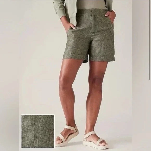 Athleta Women's VOYAGER LINEN SHORT Size 8 Aspen Olive Green Shorts