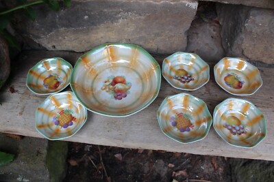 7 tlg Set Schüssel + Dessertschalen Obst Dekor Spritzdekor Porzellan Art Deco
