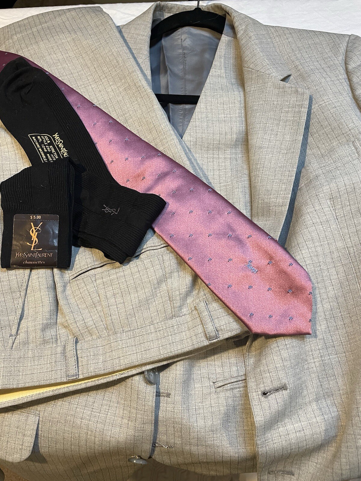 SAINT LAURENT Tuta vintage YSL 3 5 pezzi 39R 29x30 made in France anni 70 grigio gessato Yves St Laurent