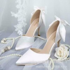 Womes Luxury High Heel Bride Wedding Guipure Lace Bowtie Diamante Pump Shoes