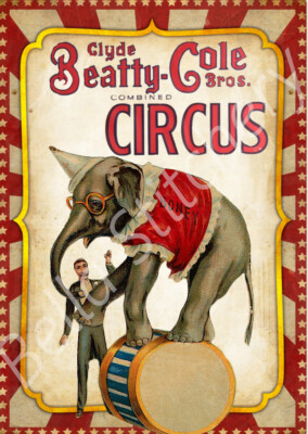 Set of TWO 5x7 Vintage Circus Elephant Ephemera Cotton Craft Quilt
