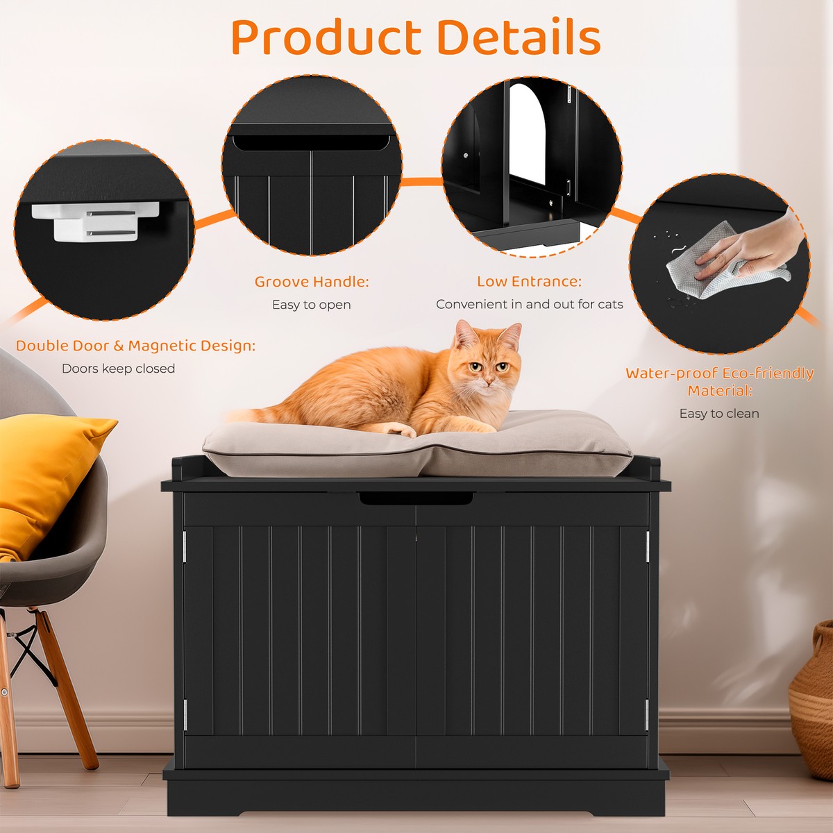 Cat Washroom Storage Bench Litter Box Cover with Sturdy Wooden Structure  Black