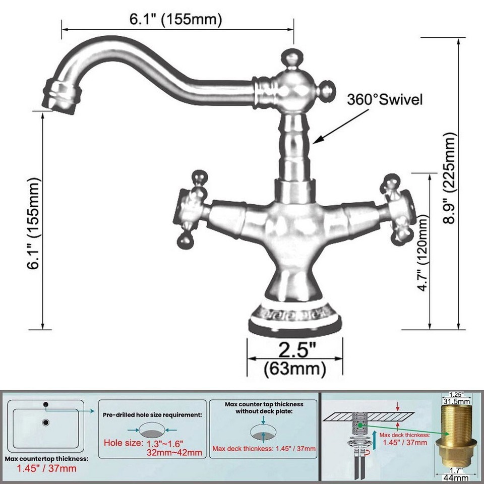 Gold Brass Bathroom Sink Faucet Swivel Dual Handles Deck Mounted Mixer