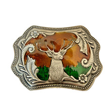 Vintage Silver and Color Stag Deer Embossed Belt Buckle 3.5 x 2.5"