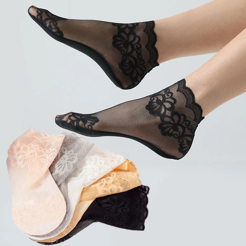 Calzini Da Donna In Pizzo Floreale A Rete Trasparente Calzini Corti Elastici ☆ - Immagine 3 di 4