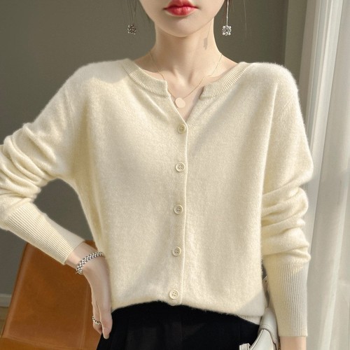 Wool Blend V-Neck Long Sleeve Cardigan Women's Cashmere Cardigan Sweater - Picture 27 of 32