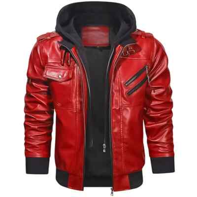 Herren Lederjacke mit Kapuze Biker Style echtes Lammfell Rippstrick rot Jacke Mantel