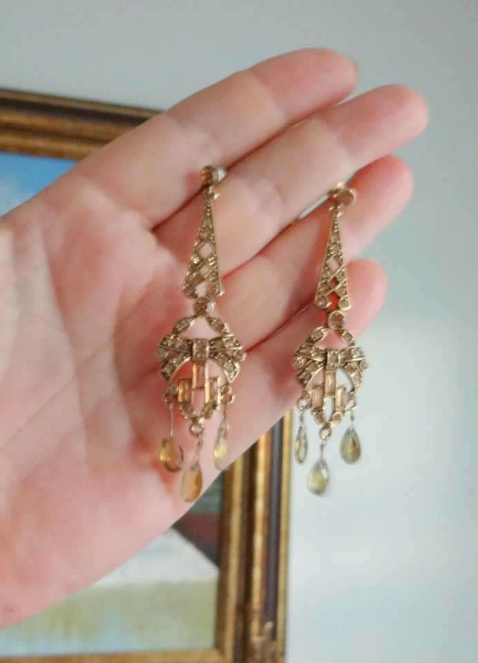 Pendientes colgantes vintage con sello Monet elegantes color ámbar estrás de vidrio tono dorado Foto 2 de 4