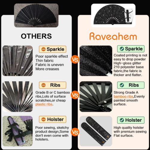 Glitter Large Rave Folding Clack Hand Fan with Holster for Men/Women Handheld - Picture 5 of 12