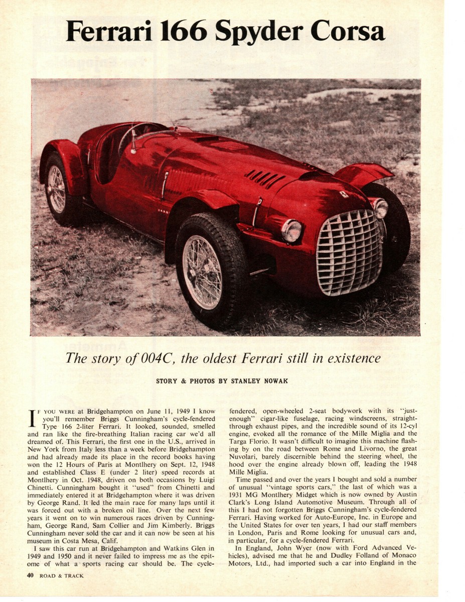 1947 FERRARI 166 SPYDER CORSA ~ ORIGINAL 5-PAGE ARTICLE / AD | eBay