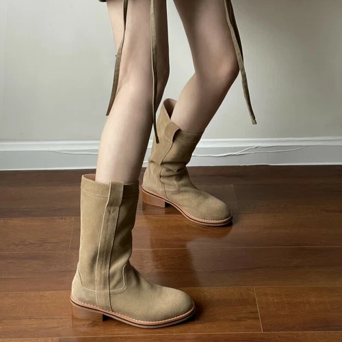 Halbhohe Damen-Westernstiefel Veloursleder rund geschnitten zum Überziehen niedriger Absatz Größe - Bild 3 von 10