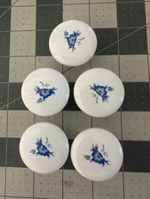 5-pack lot Allison 69120 Blue Floral Flower White Ceramic 1 1/2" Cabinet Knob