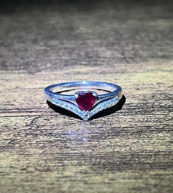 Solitaire Heart Ruby and Diamond Silver Chevron R… - image 1