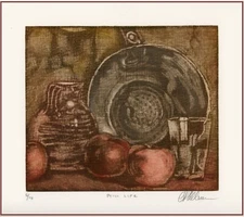 GORGEOUS Evocative STILL LIFE WITH APPLES Original Sepia-Copper MEZZOTINT Signed