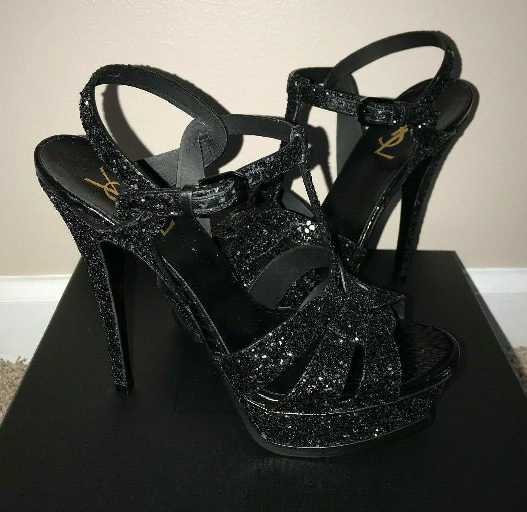 Nuovi con scatola Saint Laurent Tribute Sandali con cinturino a T nero glit taglia 38 5 (US 8)