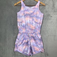 Athleta Girl On The Go Romper XL 14 Blue Purple Tie Dye Drawstring Pockets Logo