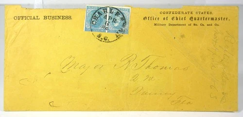 1863 CONFEDERATE CIVIL WAR SEMI-OFFICIAL IMPRINT COVER w/ PAIR OF 5 CENT CSA #6
