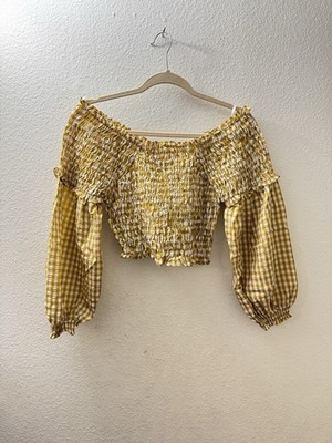 Yellow Gingham Smoked Crop Blouse Medium Size