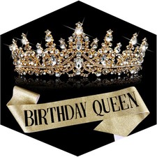 Birthday Queen Sash and Crown for Women Gold Rhinestone Tiara and Sash Set f...