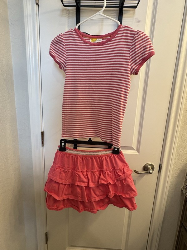 Mini Boden Girls 2pc Outfit Set Pink/White Striped Tee Ruffle Skirt 9-10Y