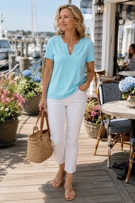 Rafaella Aqua Embellished Split Neck Blouse | Coastal Chic Short Sleeve Top