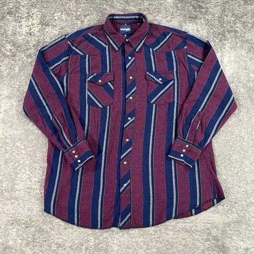 Wrangler Shirt Mens 2XL XXL Burgundy Navy Western Pearl Snap Long Sleeve Flannel