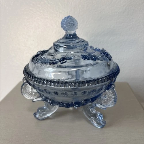 Vintage Blue Glass Covered Candy Dish Westmoreland Argonaut Shell Dolphin Footed