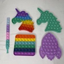 Pop It Fidget Toys 5pc Silicone Sensory Bubble Unicorn Rocket Rainbow Bracelet