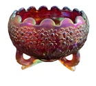 Fenton Orange Tree Ruby Red Carnival Glass 3 Footed Rose Bowl Scalloped Rim