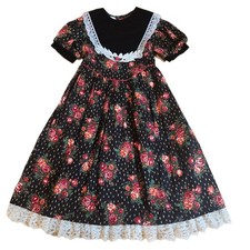 VTG Youngland Girls Dress Sz 6 Black Floral Velvet Red Roses Prairie Lace