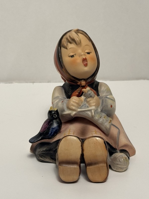 1960s Vintage Goebel Hummel Happy Pastime Figurine #69 TMK-3 Girl Knitting Bird