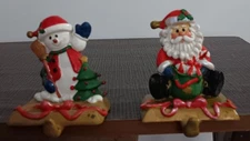 Lot Of 2 Christmas Stocking Hangers Snowman & Santa 3.5'' Ceramic