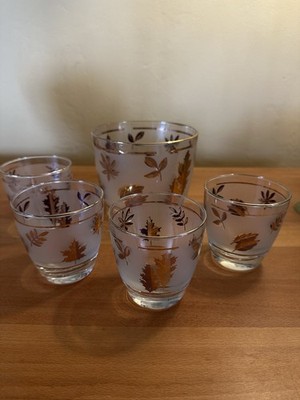 MCM Libbey Gold Leaf Frosted Ice Bucket & 4 Glasses