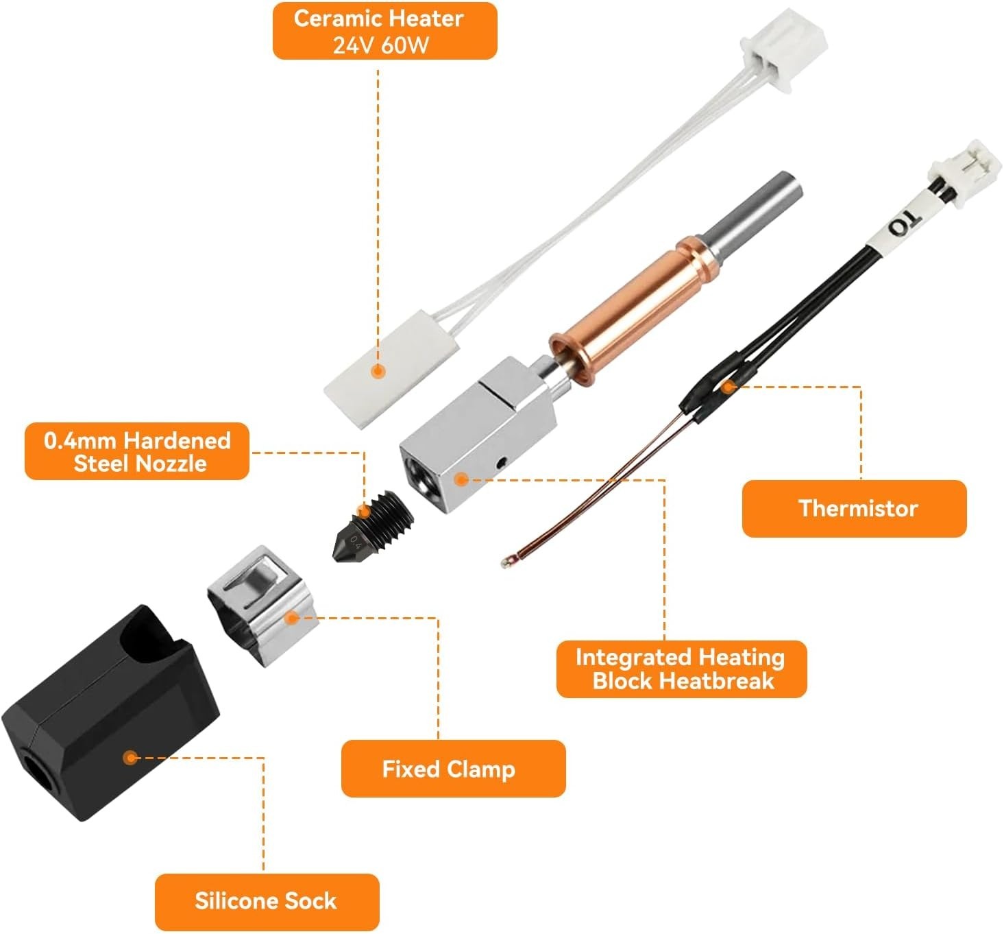 Upgrade Hotend Kit for 3D Printer, 24V 60W Ceramic Heater, Hardened Nozzle
