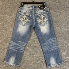 Miss Me Capri Jeans Womens 28 Medium Wash Embroidered Pockets Stretch 28x20 